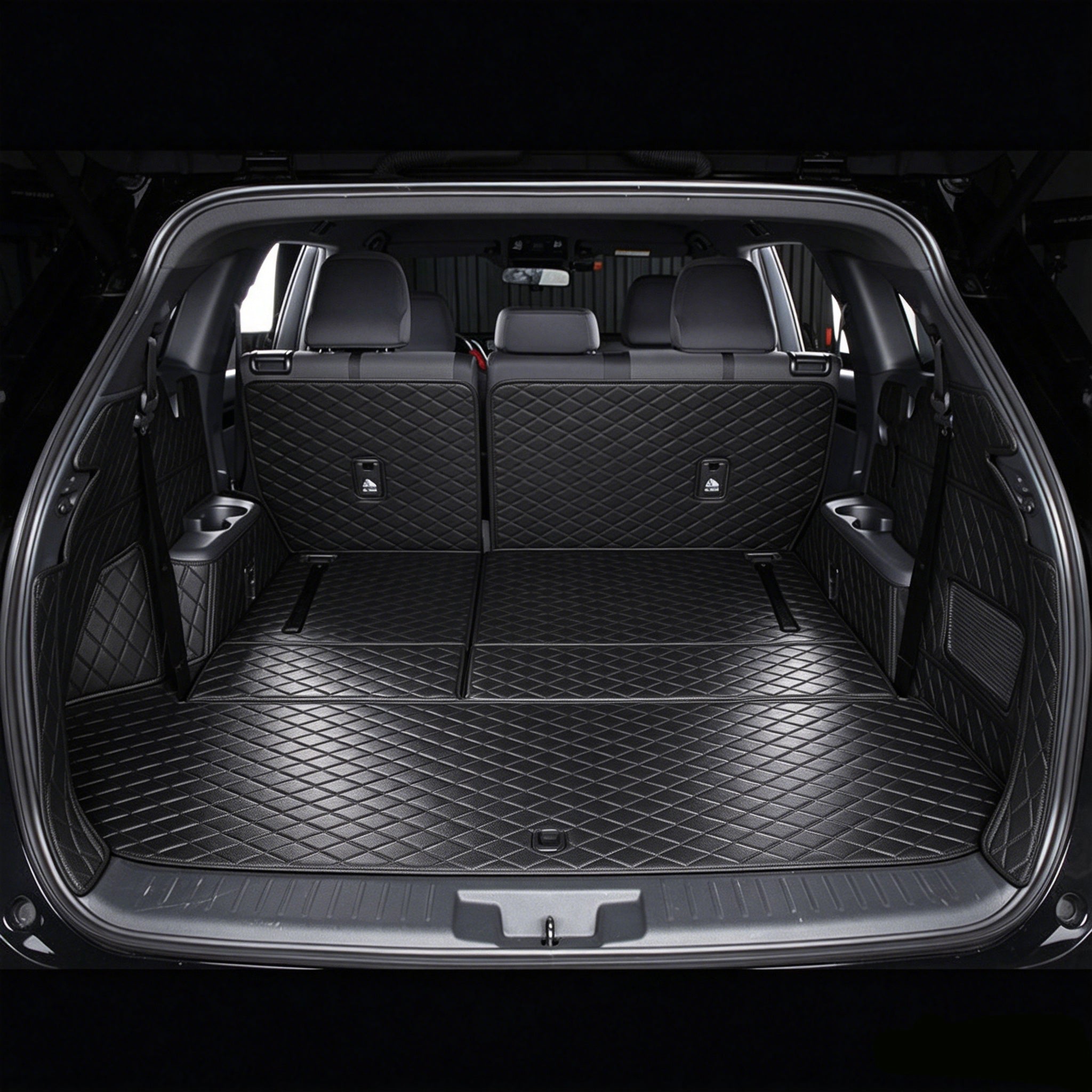 Trunk mat, cargo liner; three-row seat design (full-coverage design with hidden Velcro fasteners)