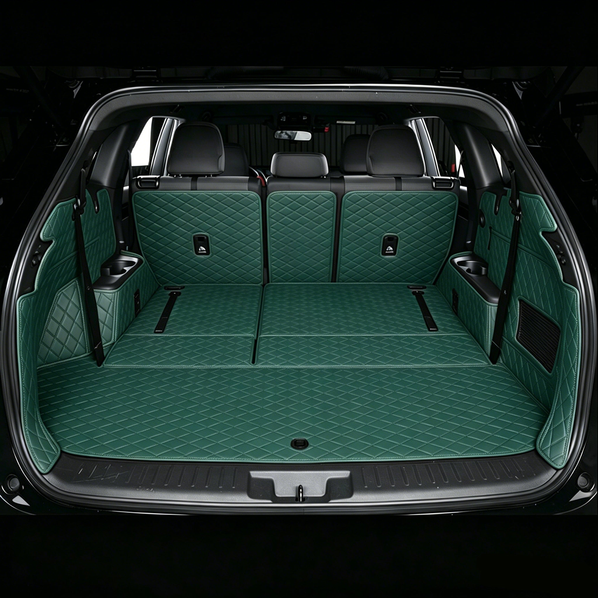 Trunk mat, cargo liner; three-row seat design (full-coverage design with hidden Velcro fasteners)